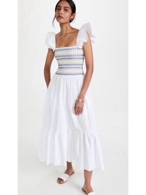 Cara Cara Ruby White Cotton Smocked Poplin Ruffle Midi Dress Size XS NWT
